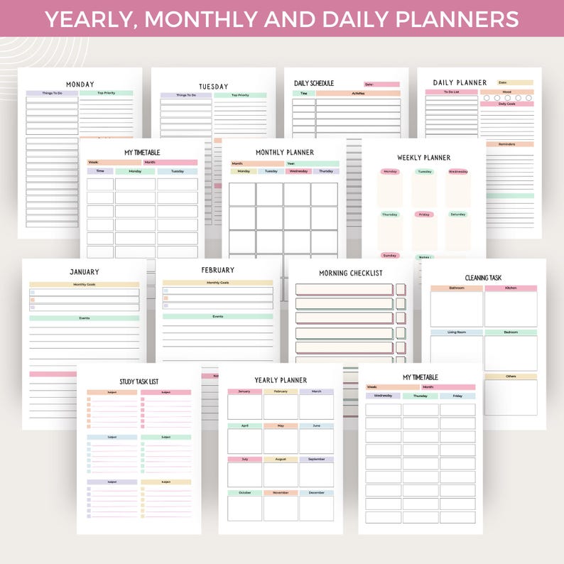 Peut inclure: Un ensemble de pages de planificateur imprimables avec un sch&eacute;ma de couleurs pastel. Les pages comprennent des planificateurs quotidiens, hebdomadaires, mensuels et annuels, ainsi que des listes de contr&ocirc;le et des listes de t&acirc;ches.
