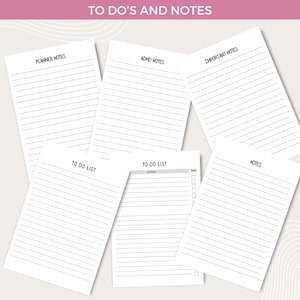 Peut inclure: Un ensemble de listes de choses &agrave; faire et de pages de notes imprimables. Les pages sont blanches avec du texte noir et des lignes. Les pages sont intitul&eacute;es "Planner Notes", "ADHD Notes", "Important Notes", "To Do List", et "Notes".