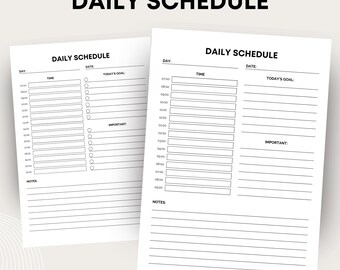 Modèle d'agenda quotidien au format PDF - programme horaire, objectifs quotidiens, tâches importantes, section notes, programme imprimable pour plus de productivité