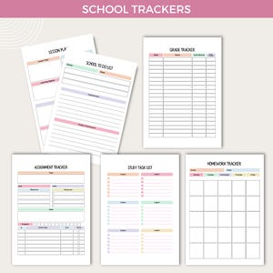 Peut inclure: Pages de planificateur scolaire imprimables avec des titres color&eacute;s et des lignes pour &eacute;crire. Les pages comprennent un plan de le&ccedil;on, une liste de choses &agrave; faire &agrave; l'&eacute;cole, un suivi des devoirs, un suivi des notes, une liste de t&acirc;ches d'&eacute;tude et un suivi des devoirs.