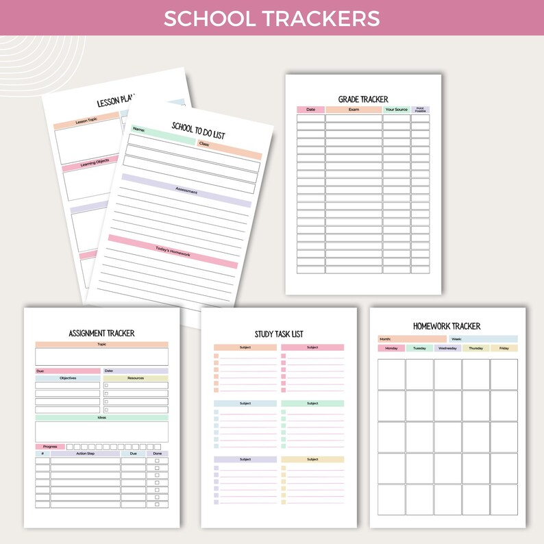 Peut inclure: Pages de planificateur scolaire imprimables avec des titres color&eacute;s et des lignes pour &eacute;crire. Les pages comprennent un plan de le&ccedil;on, une liste de choses &agrave; faire &agrave; l'&eacute;cole, un suivi des devoirs, un suivi des notes, une liste de t&acirc;ches d'&eacute;tude et un suivi des devoirs.