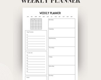 Modèle d'agenda hebdomadaire - organisateur d'horaires quotidiens imprimable, liste de tâches, priorités et section Notes - téléchargement numérique PDF