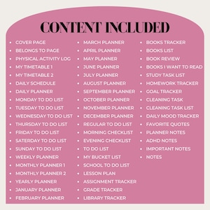 Peut inclure: Un planificateur imprimable rose et blanc avec une liste de contenu inclus. La liste comprend une page de couverture, appartient &agrave; la page, journal d'activit&eacute; physique, mon horaire 1, mon horaire 2, horaire quotidien, planificateur quotidien, liste de choses &agrave; faire du lundi, liste de choses &agrave; faire du mardi, liste de choses &agrave; faire du mercredi, liste de choses &agrave; faire du jeudi, liste de choses &agrave; faire du vendredi, liste de choses &agrave; faire du samedi, liste de choses &agrave; faire du dimanche, planificateur hebdomadaire, planificateur mensuel 1, planificateur mensuel 2, planificateur annuel, planificateur de janvier, planificateur de f&eacute;vrier, planificateur de mars, planificateur d'avril, planificateur de mai, planificateur de juin, planificateur de juillet, planificateur d'ao&ucirc;t, planificateur de septembre, planificateur d'octobre, planificateur de novembre, planificateur de d&eacute;cembre, liste de choses &agrave; faire r&eacute;guli&egrave;re, liste de contr&ocirc;le du matin, liste de contr&ocirc;le du soir, liste de choses &agrave; faire, ma liste de seau, liste de choses &agrave; faire &agrave; l'&eacute;cole, plan de le&ccedil;on, suivi des devoirs, suivi des notes, suivi de la biblioth&egrave;que, suivi des livres, liste de livres, critique de livre, livres que je veux lire, liste de t&acirc;ches d'&eacute;tude, suivi des devoirs, suivi des objectifs, t&acirc;che de nettoyage, liste de t&acirc;ches de nettoyage, suivi de l'humeur quotidienne, citations pr&eacute;f&eacute;r&eacute;es, notes du planificateur, notes TDAH, notes importantes et notes.