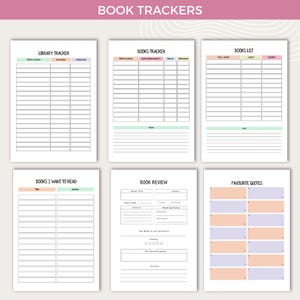 Peut inclure: Un ensemble de suivi de livres imprimable avec six pages. Les pages sont intitul&eacute;es "Suivi de la biblioth&egrave;que", "Suivi des livres", "Liste des livres", "Livres que je veux lire", "Critique de livre" et "Citations pr&eacute;f&eacute;r&eacute;es". Chaque page a un sch&eacute;ma de couleurs diff&eacute;rent et comprend des sections pour enregistrer les informations sur les livres, telles que le titre, l'auteur, la date d'emprunt et la note.