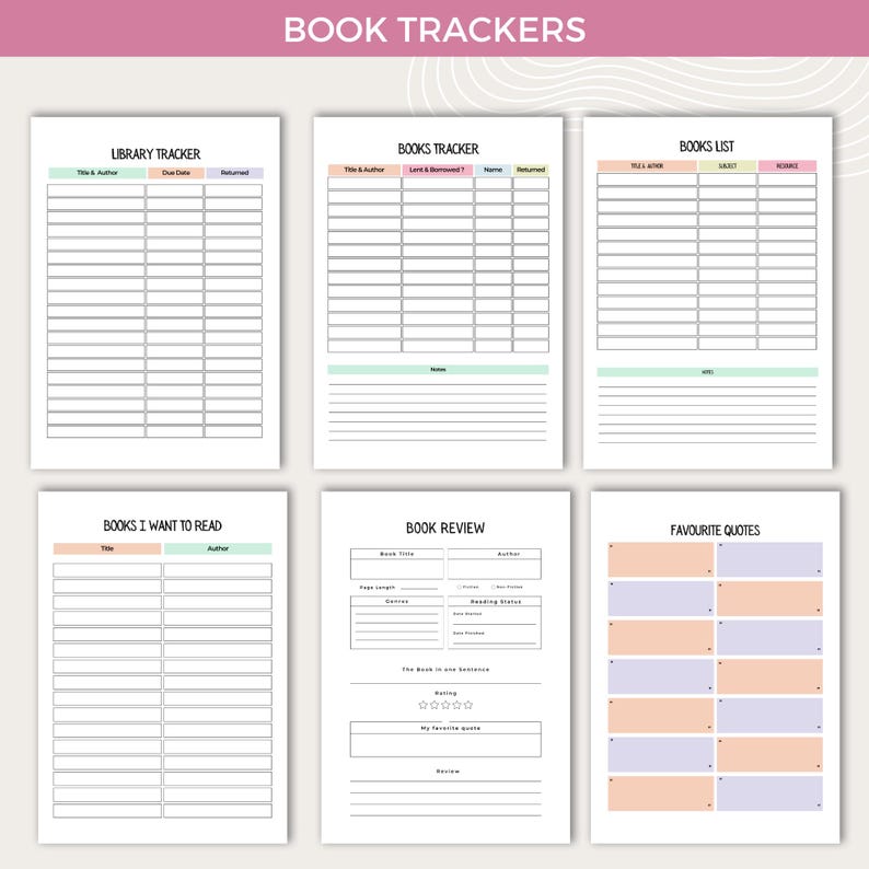 Peut inclure: Un ensemble de suivi de livres imprimable avec six pages. Les pages sont intitul&eacute;es "Suivi de la biblioth&egrave;que", "Suivi des livres", "Liste des livres", "Livres que je veux lire", "Critique de livre" et "Citations pr&eacute;f&eacute;r&eacute;es". Chaque page a un sch&eacute;ma de couleurs diff&eacute;rent et comprend des sections pour enregistrer les informations sur les livres, telles que le titre, l'auteur, la date d'emprunt et la note.