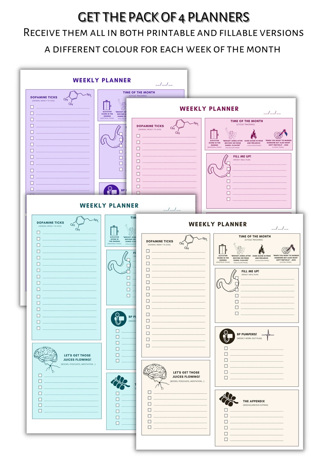 Pack of 4 Colours Anatomy Inspired A4 Weekly Planner/printable and Fillable PDF Versions/weekly ...