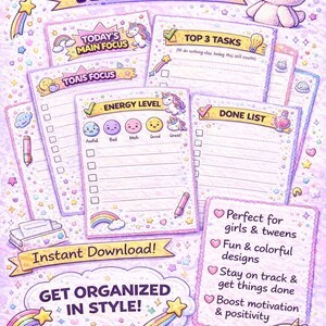 May include: A collection of six pink and purple planner pages with unicorn and rainbow illustrations. The pages include sections for tasks, focus, and energy levels, with the text "Super Cute Planner Pages!" and "Get Organized in Style!"