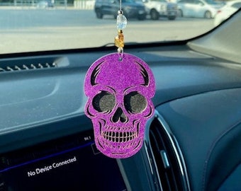 Car Charm, 3D wood car accessories,Purple Glitter Skull,Rearview Mirror Hanger,Sun Catcher, Layered Wood Mirror Decoration,Skull Car Decor