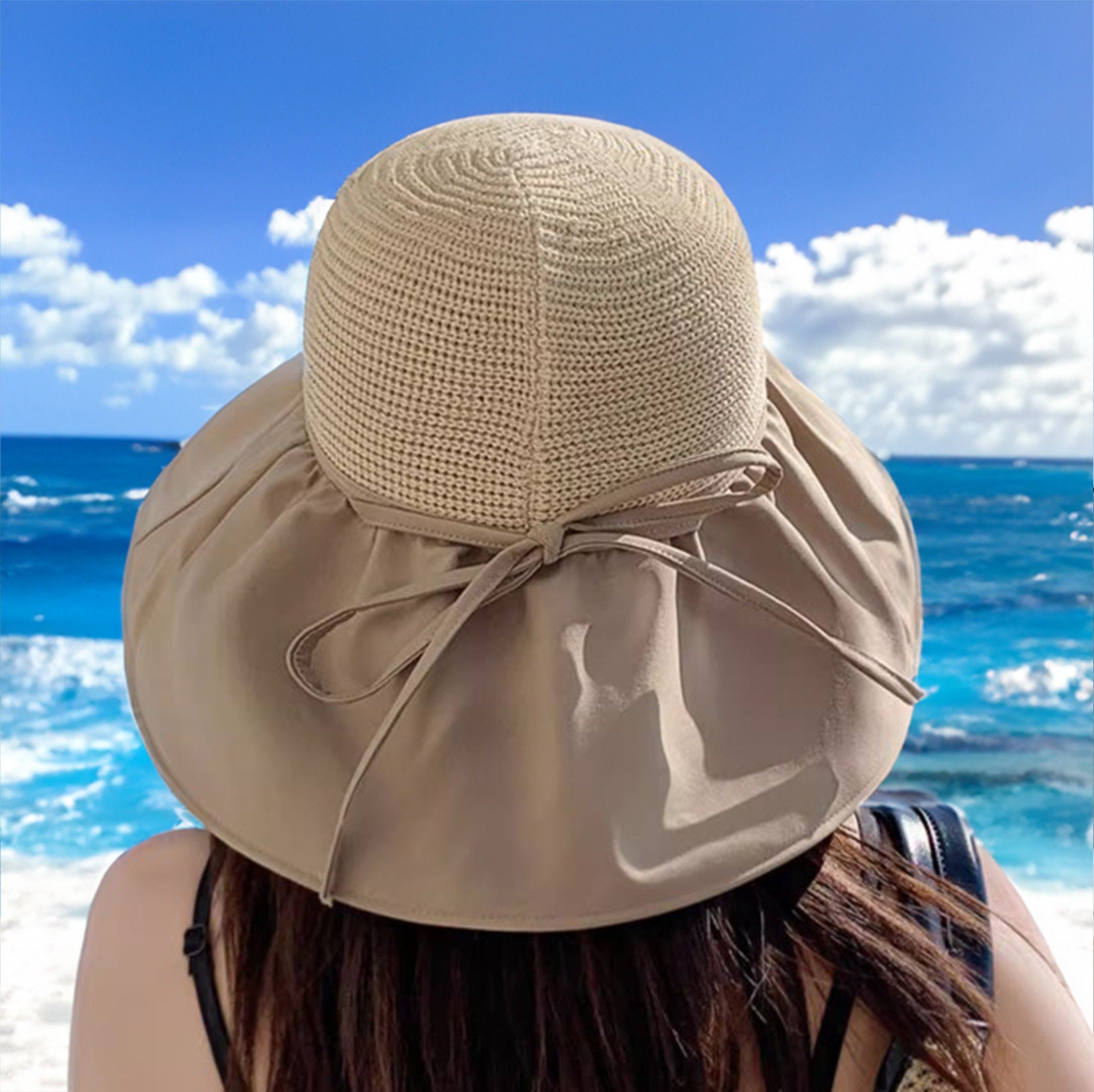 Women\'s Pure Khaki Beach Sun Straw Hat Travel Foldable Brim Summer UV FURTALK Wide Brim Straw Sun Visor Hat for Women - UV UPF  main image 3