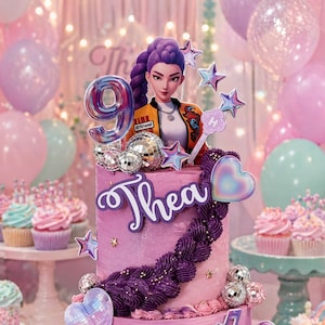 May include: A two-tiered pink birthday cake with purple frosting accents, disco ball decorations, and a topper featuring a cartoon character. The cake is decorated with the name "Thea" and the text "K-POP DEMON HUNTERS".
