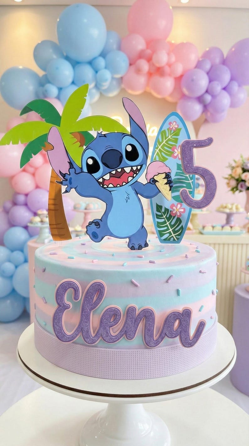 May include: A birthday cake with a Stitch theme. The cake is decorated with blue, pink, and purple stripes, and topped with a Stitch figurine, a surfboard, and the number 5. The name "Elena" is written on the cake in purple letters.