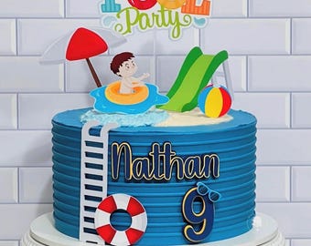 Pool Party Cake Topper: Glitter Cardstock, Custom Name & Age