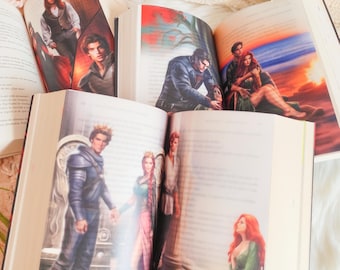 May include: Open book with colorful illustrations of people in different scenes. The book is open to a page with a couple standing together and a woman kneeling in the background.