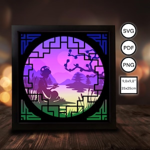 Cerimônia do chá de gueixa japonesa na margem do lago, decoração vetorial para caixa de luz/sombra, modelos (SVG, PDF, PNG) Faça Você Mesmo