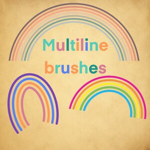 May include: Multicolored rainbow brush strokes in a variety of sizes and shapes. The text "Multiline brushes" is written in the center of the image.