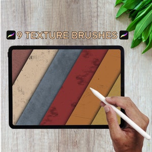 May include: An iPad screen shows a textured design with diagonal stripes in brown, beige, grey, red, and orange. The text "9 TEXTURE BRUSHES" is at the top. A hand holds a white stylus, ready to create digital art.