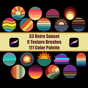 May include: A set of 33 retro sunset themed digital illustrations, 9 texture brushes, and 111 color palettes. The illustrations feature a variety of colors and designs, including sunsets, waves, and stripes.