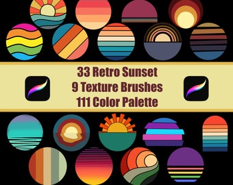 33 Retro Sunset Stamp Brushes for Procreate