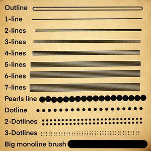 May include: A digital illustration of different line styles and brush strokes. The image includes a single line, double lines, triple lines, quadruple lines, quintuple lines, sextuple lines, septuple lines, a line of circles, a line of dots, a double line of dots, a triple line of dots, and a thick black line.