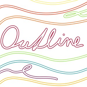 May include: A red cursive word "Outline" on a white background with colorful wavy lines behind it.