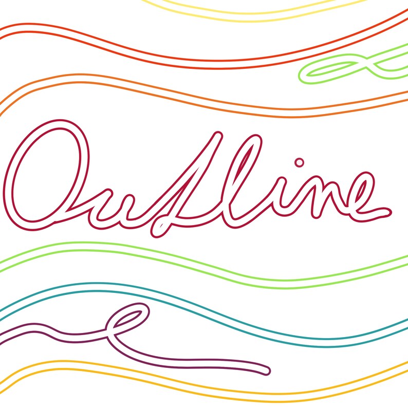 May include: A red cursive word "Outline" on a white background with colorful wavy lines behind it.