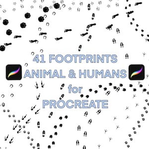 May include: A black and white image of 41 different animal and human footprints for use in the Procreate app. The footprints include a variety of animals, such as birds, dogs, and cats.