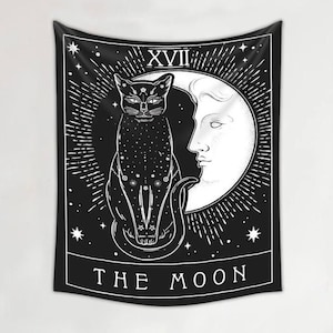 Kat en Maan Tarot Kaart Print Tapestry | Dorm Room Decor | Astrologie | Esthetische | | Kunst aan de muur | Hippie | College | Slaapkamer | Grote | Ster |