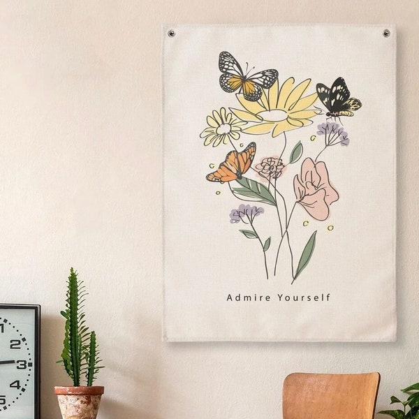 SMALL Floral Print Tapestry | Girl's College Dorm Room Decor | Flower Tapestry | Cute | Butterfly Tapestry | Canvas Print | Bedroom | Art