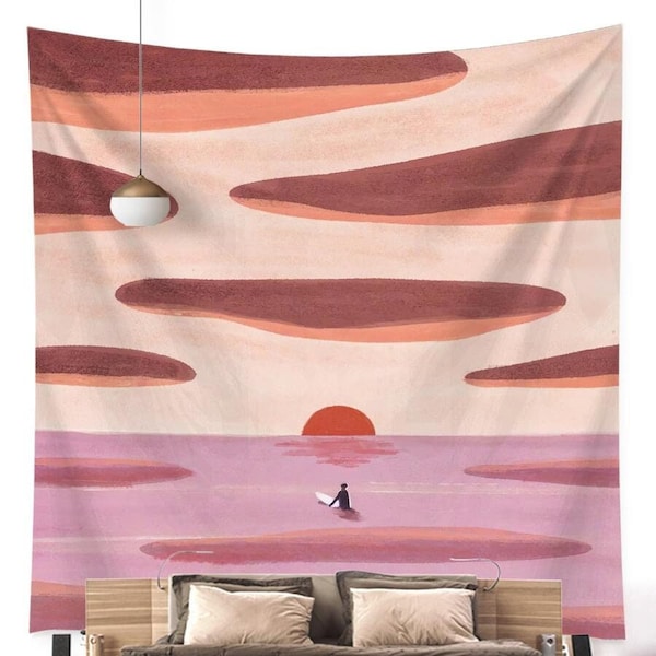 LARGE Sunset Surfer Tapestry | College Dorm Room Decor | Ocean Tapestry | Beach Tapestry | Surfing Tapestry | Sunset Sunrise Tapestry | Cute