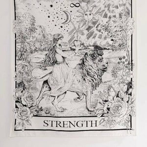 LARGE Tarot Print Tapestry | Strength  | Astrology | Bedroom Tapestry | College Dorm Room Tapestry | Lion and Girl | Moon | Aesthetic | Cute