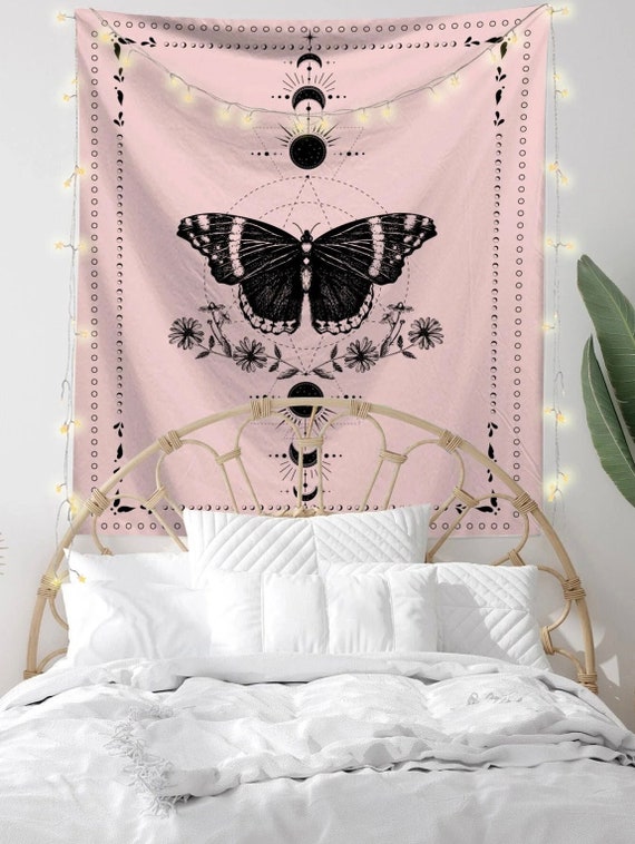 LARGE Pink Butterfly Tapestry Cute Tapestry Sun and Moon Phases Tapestry Big Tapestry Dorm Tapestry Tarot Bedroom Floral Etsy
