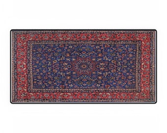 May include: A blue and red patterned rug with a traditional Persian design. The rug has a central medallion and intricate floral motifs.
