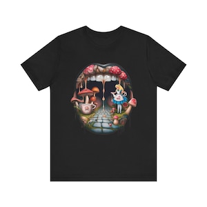 Alice in mouth Unisex Tee, Funny Graphic T-Shirt for Men and Women, Novelty Top for Alice in Wonderland Fans, Short Sleeve Shirt with Mouth