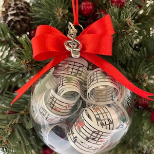 Handmade, Personalized Glass Music Sheet Christmas Ornament with Treble Clef Charm