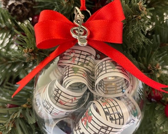 Handmade, Personalized Glass Music Sheet Christmas Ornament with Treble Clef Charm