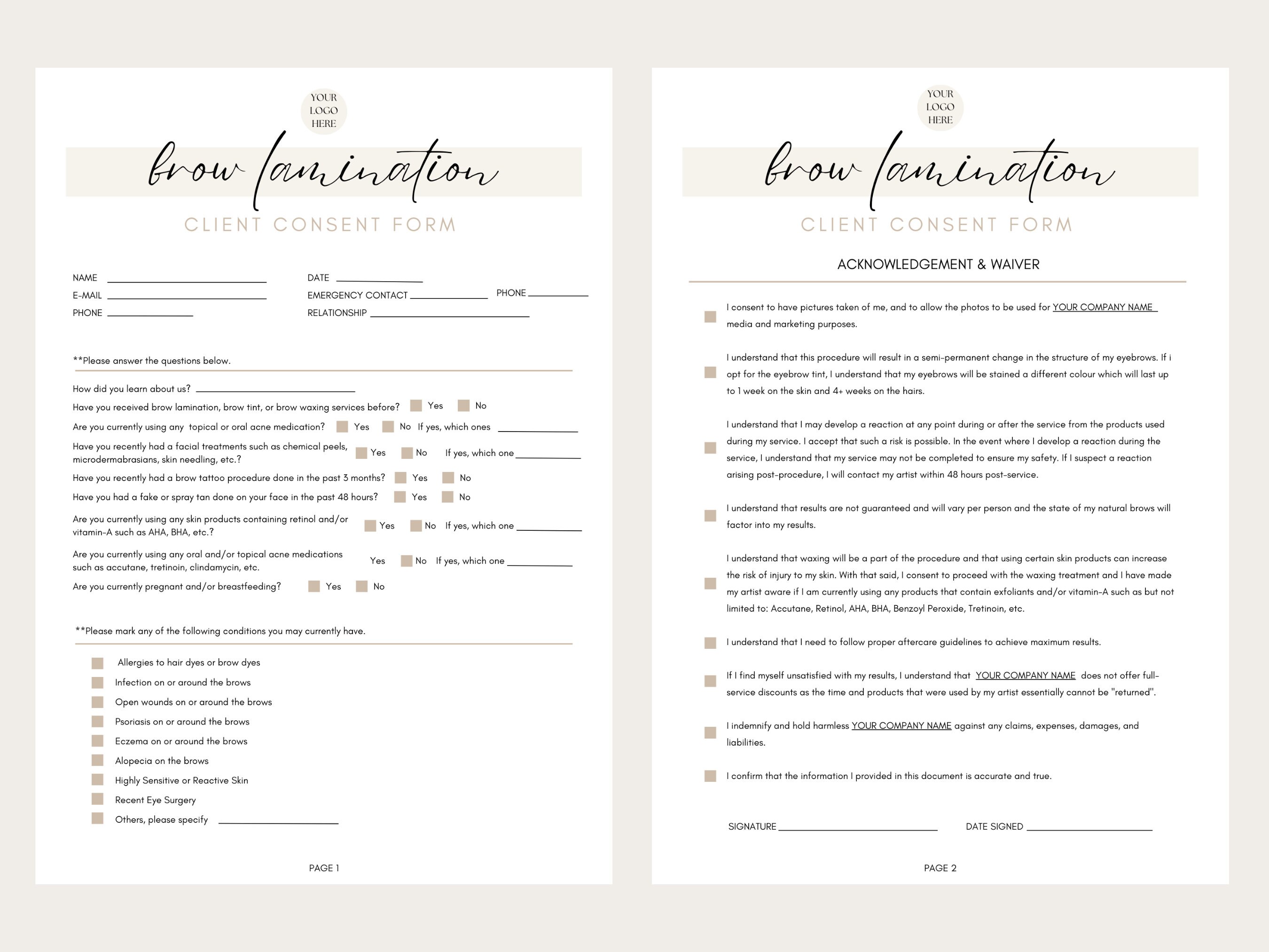 Editable Brow Lamination Client Consent Forms | Brow Lamination Client ...