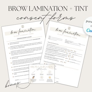 Può includere: Due moduli di consenso del cliente stampabili per la laminazione delle sopracciglia con una guida di cura successiva in omaggio. I moduli sono di colore beige chiaro con testo nero. I moduli includono sezioni per le informazioni del cliente, l'accettazione e la rinuncia, e domande sulla storia medica. La guida di cura successiva è una piccola carta con illustrazioni dei passaggi della laminazione delle sopracciglia.