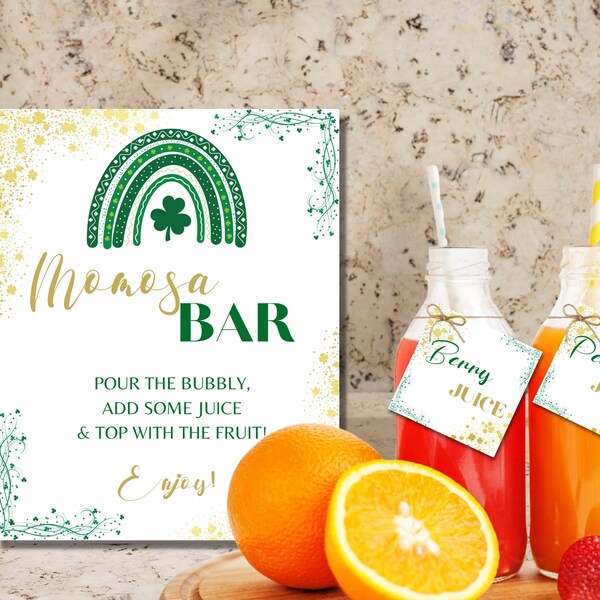 St Patricks Day Baby shower Mimosa Bar sign printable Momosa bar sign Mom-osa Juice tag editable template Mimosa juice label