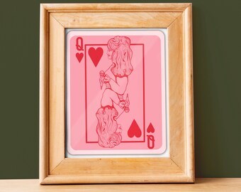 QUEEN Of HEARTS | Digital Illustration | Pink and Red Wall Art| Country Music Icon | Printable Art | Trendy Wall Art | Playing card
