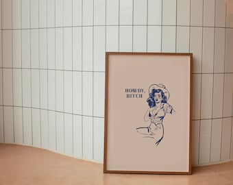 HOWDY BITCH Western Cowgirl Printable Wall Art, Cowgirl Digital Download, Minimalist Western Printable Poster, Trendy Illustration, Line Art