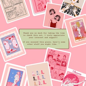 Op de afbeelding: Een verzameling digitale stickers met verschillende illustraties, waaronder een speelkaart, een vrouw met een kroon, een cowboylaars en een vrouw in een schelp. De stickers bevinden zich op een roze achtergrond met de tekst "Bedankt dat je de tijd hebt genomen om dit te bekijken. Ik waardeer je interesse en steun enorm! Als je van dit stuk hebt genoten, zijn hier nog wat andere dingen die je misschien leuk vindt."