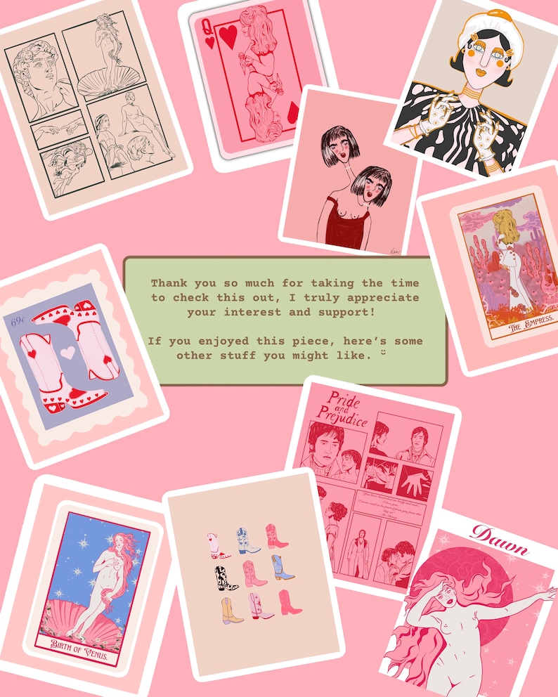 Op de afbeelding: Een verzameling digitale stickers met verschillende illustraties, waaronder een speelkaart, een vrouw met een kroon, een cowboylaars en een vrouw in een schelp. De stickers bevinden zich op een roze achtergrond met de tekst "Bedankt dat je de tijd hebt genomen om dit te bekijken. Ik waardeer je interesse en steun enorm! Als je van dit stuk hebt genoten, zijn hier nog wat andere dingen die je misschien leuk vindt."