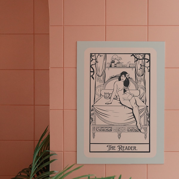 THE READER TAROT card, Bookish Wall Art, Digital Download, Printable Room Decor, Book Wall Art, Naked Woman Reading
