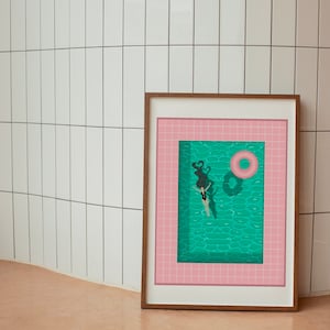 Swimming Pool Print | Pool Donut Art | Retro Woman Floating in Pool | Pink Pool Poster | Pool Print | Printable Wall Art
