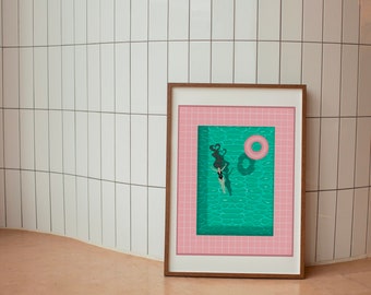 Swimming Pool Print | Pool Donut Art | Retro Woman Floating in Pool | Pink Pool Poster | Pool Print | Printable Wall Art