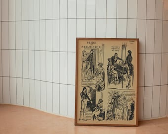 Könnte beinhalten: Ein gerahmter Druck einer Vintage-Illustration, die Szenen aus dem Roman "Stolz und Vorurteil" von Jane Austen zeigt. Der Druck zeigt Schwarzweißillustrationen von Figuren aus dem Buch, darunter Mr. Darcy und Elizabeth Bennet. Der Text "Pride and Prejudice" ist oben auf dem Rahmen gedruckt.
