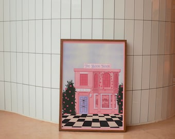 Pink Book Store Art Print, Bookish Illustration (Digital Download)