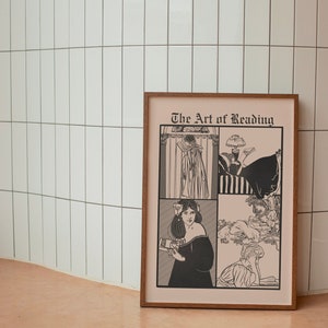 Op de afbeelding: Een ingelijst drukwerk met een zwart-witte illustratie van vier verschillende scènes. De titel van het drukwerk is "The Art of Reading".