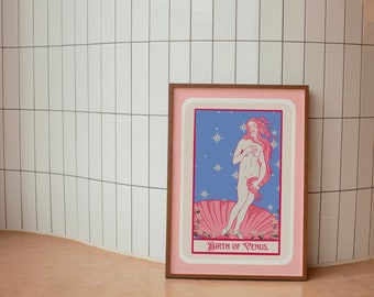 Birth of Venus Illustration, Pink Goddess of Love Art Print, Venus Artwork, Mythology Wall Art, Feminine Decor, Tarot Card Printable Art