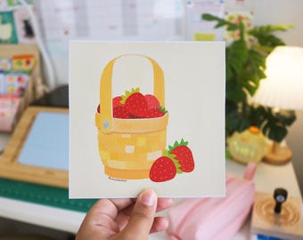 Basket of Strawberries Illustrated Print | Cute Kitschy Artwork | Aesthetic Strawberry Art | Eclectic Style Home | Whimsical Nursery Decor